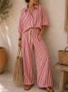 European And American Style Women's Summer Fashion Set Striped Long Sleeved Shirt And Loose Pants Two-Piece Outfit_ecoleips.com