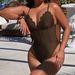 Sleek Coffee Brown One-Piece Swimsuit With Deep V-Neck & Adjustable Ties – Sexy High-Cut Design, Soft Nylon Blend (S/M/L)_ecoleips.com