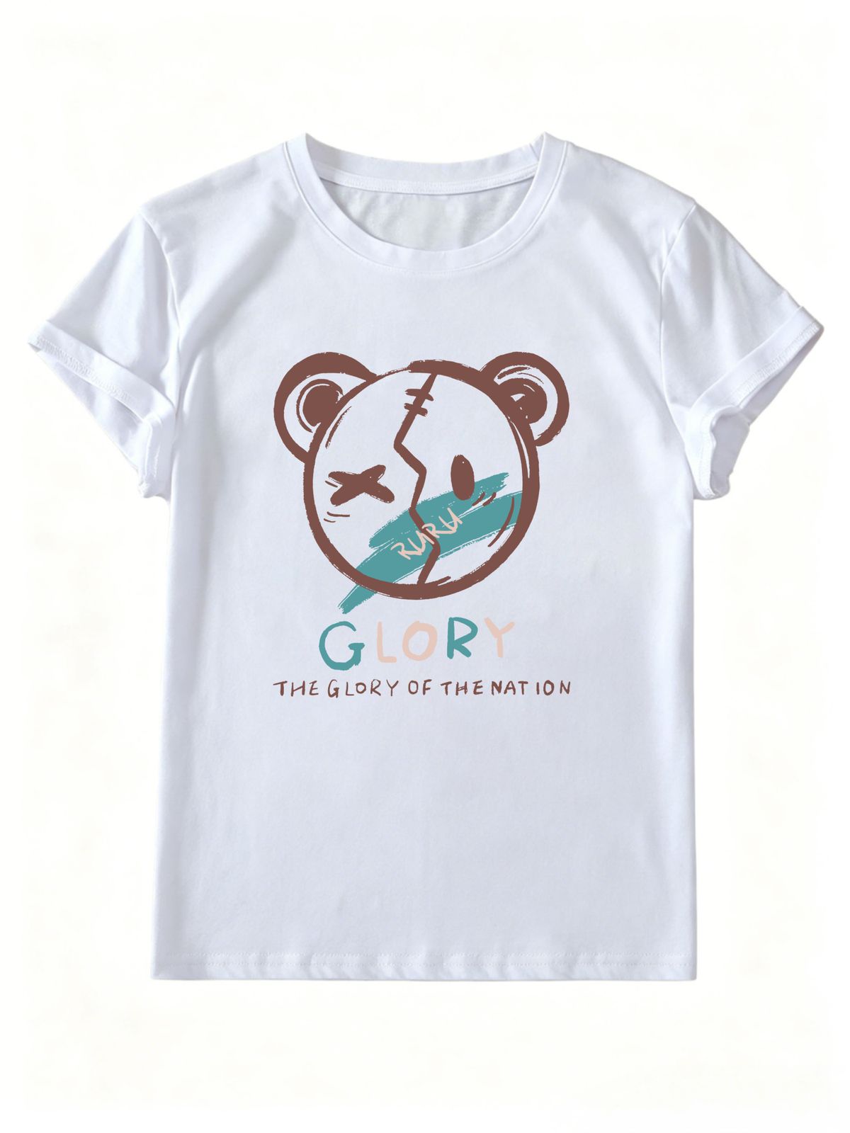 Women's Cracked Bear Glory Letter Graphic T-Shirt Round Neck Short Sleeve Loose Casual Streetwear Summer Tops_ecoleips.com