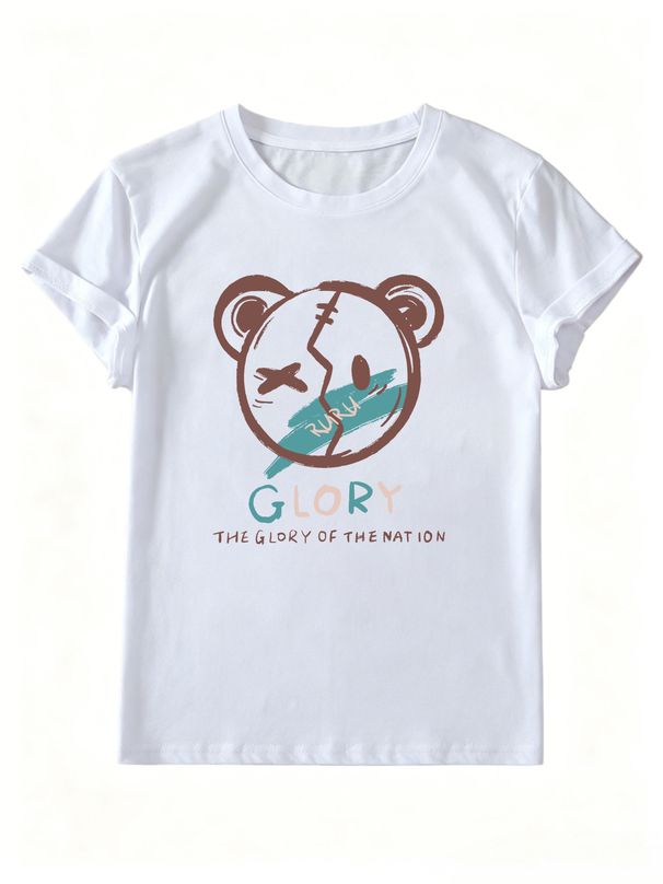 Women's Cracked Bear Glory Letter Graphic T-Shirt Round Neck Short Sleeve Loose Casual Streetwear Summer Tops_ecoleips.com