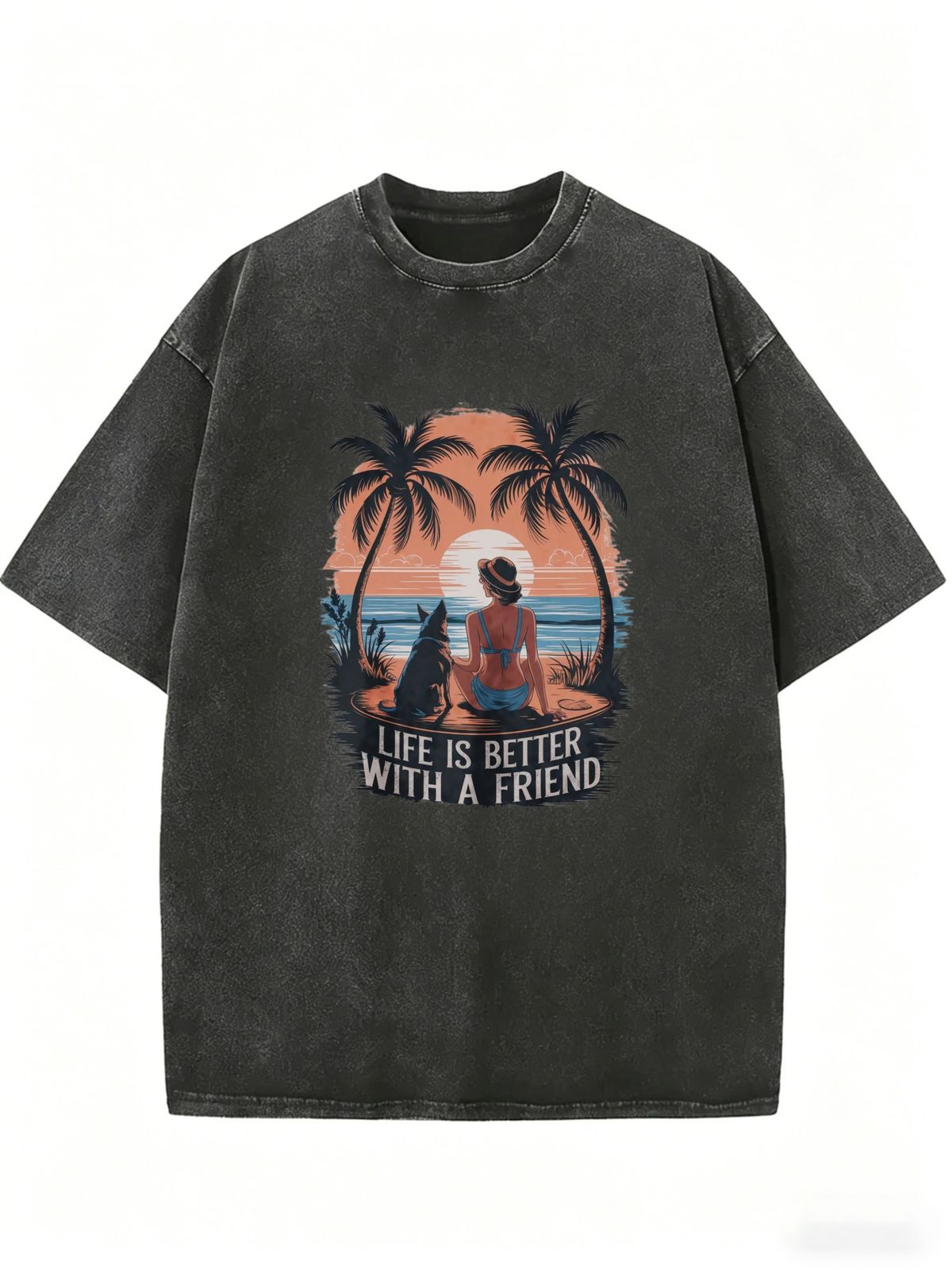 Retro Beach Sunset Palm Tree Crew Neck T-shirt, Loose And Casual Style, Short-sleeved Top Suitable For Vacation Wear._ecoleips.com