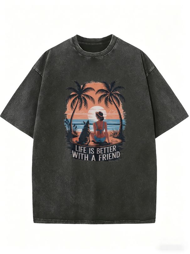Retro Beach Sunset Palm Tree Crew Neck T-shirt, Loose And Casual Style, Short-sleeved Top Suitable For Vacation Wear._ecoleips.com
