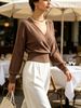 Coffee Brown Deep V Wrap Pit Rib Knit Sweater, Loose Lightweight Breathable Soft Skin-touch Long Sleeve Slim Waist Pullover_ecoleips.com