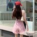 2025s 2025 Summer Korean Thin Frayed Pink Denim Shorts For Women With Tassel Design, Street Style A-line Student Hot Pants_ecoleips.com