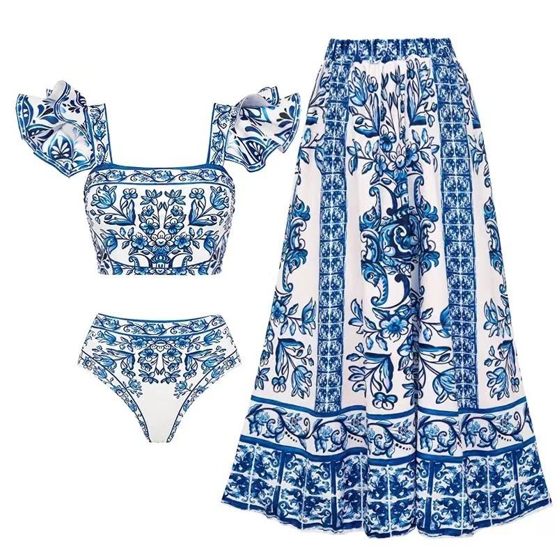 Women's Clothing Exclusive New Women's Sun Protection Swimwear Gauze Skirt Printed Swimsuit Female Bikini_ecoleips.com
