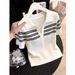 Women's Preppy Striped Knit Top Relaxed Fit Short Sleeve T-Shirt Casual Smart Wear Collared Design_ecoleips.com