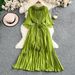 Women's Elegant 3D Floral Pleated Dress - Slim Fit Mid-Sleeve With Waist-Defining Design, Flowy Over-the-Knee Skirt For Summer_ecoleips.com