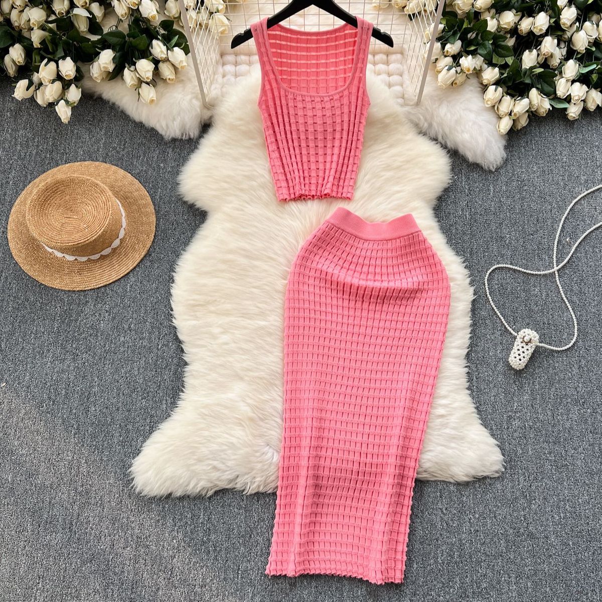 Women's Clothing Retro Hottie Style Suit For Women Summer Short Vest Top Versatile High Waist Skirt Knitted Two Piece Suit_ecoleips.com