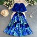 Elegant French Style Women's Dress V Neck Short Sleeve Summer Retro Waist Cinching Slimming Full Skirt Printed Long_ecoleips.com