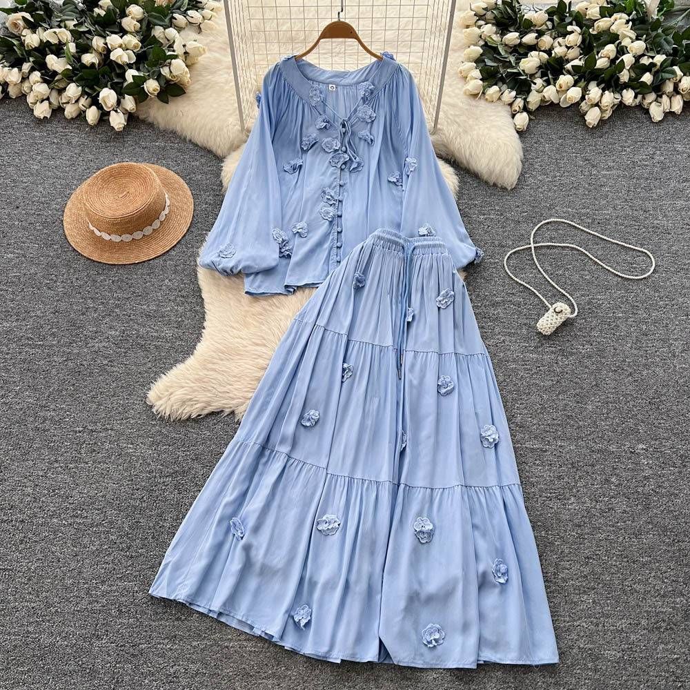 Women's Sweet Three Dimensional Floral Tie Up Lantern Sleeve Top And High Waisted Flared Skirt Two Piece Set Elegant Gentle Autumn Clothing_ecoleips.com