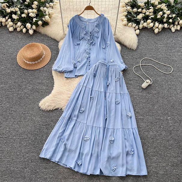 Women's Sweet Three Dimensional Floral Tie Up Lantern Sleeve Top And High Waisted Flared Skirt Two Piece Set Elegant Gentle Autumn Clothing_ecoleips.com