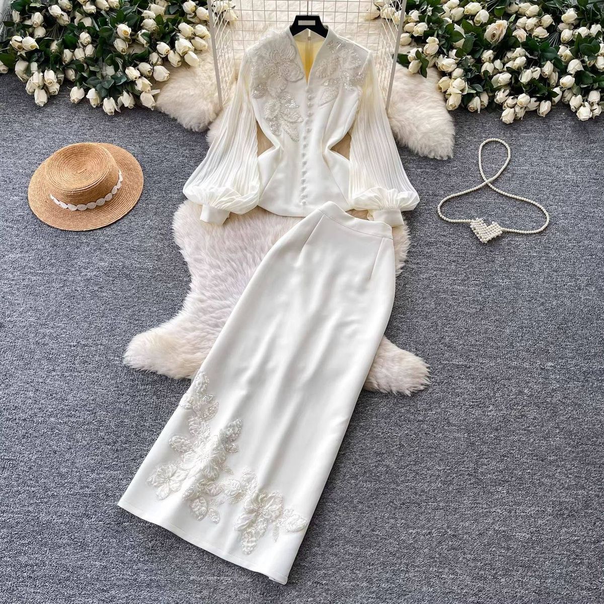 Parisian Beaded Lace Blouse & High-Waist Skirt Set – Feminine Elegance | Beige | Sizes M-Xxl Breathable Comfort_ecoleips.com