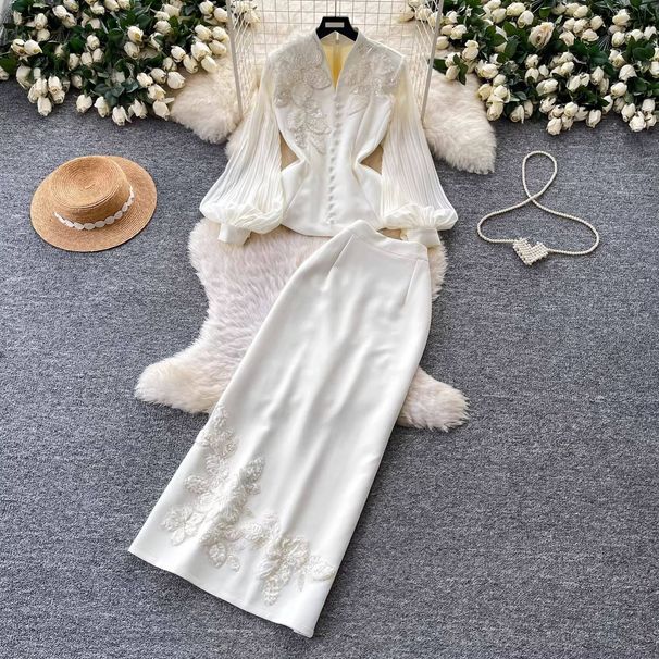Parisian Beaded Lace Blouse & High-Waist Skirt Set – Feminine Elegance | Beige | Sizes M-Xxl Breathable Comfort_ecoleips.com