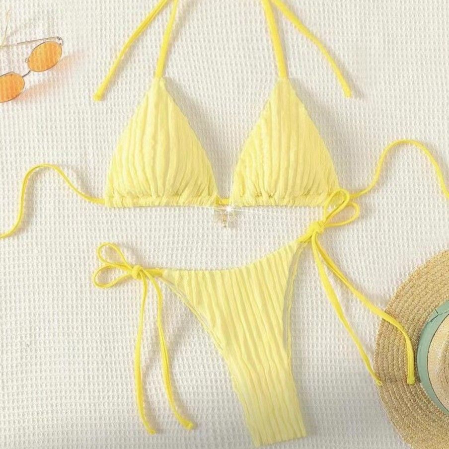 Women's Solid Color Bikini Set Sexy Swimwear Adjustable Triangle Top Tie-Side Bottoms for Beach Pool_ecoleips.com