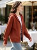 Rust Red Zip Up Drawstring Hood Pit Rib Knit Cardigan, Loose Lightweight Breathable Soft Skin-touch Long Sleeve Pocket Sweater_ecoleips.com