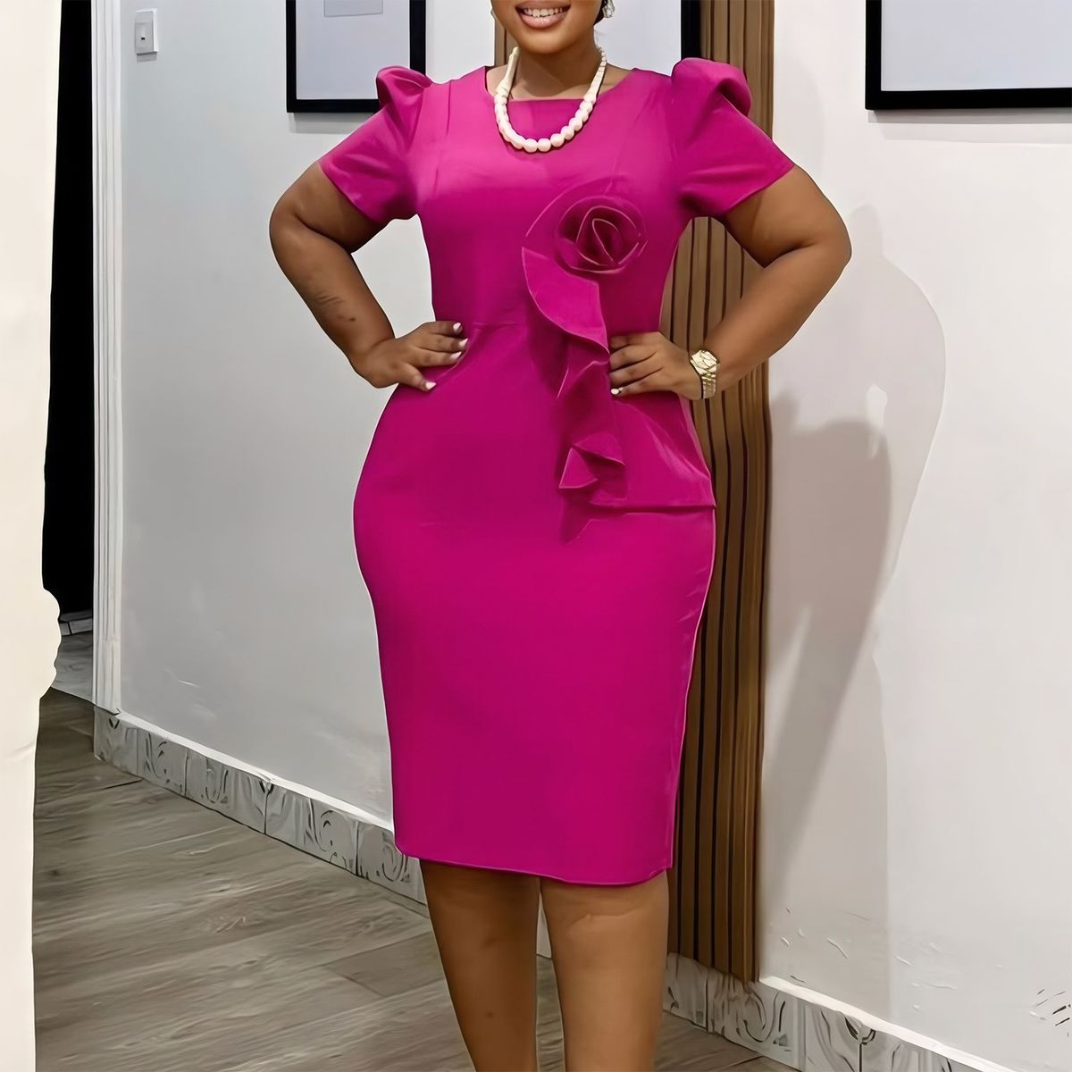 Women's Clothing New Fashion Elegant Hip Wrapped Thru Le Ruffled Solid Color Short Sleeved_ecoleips.com
