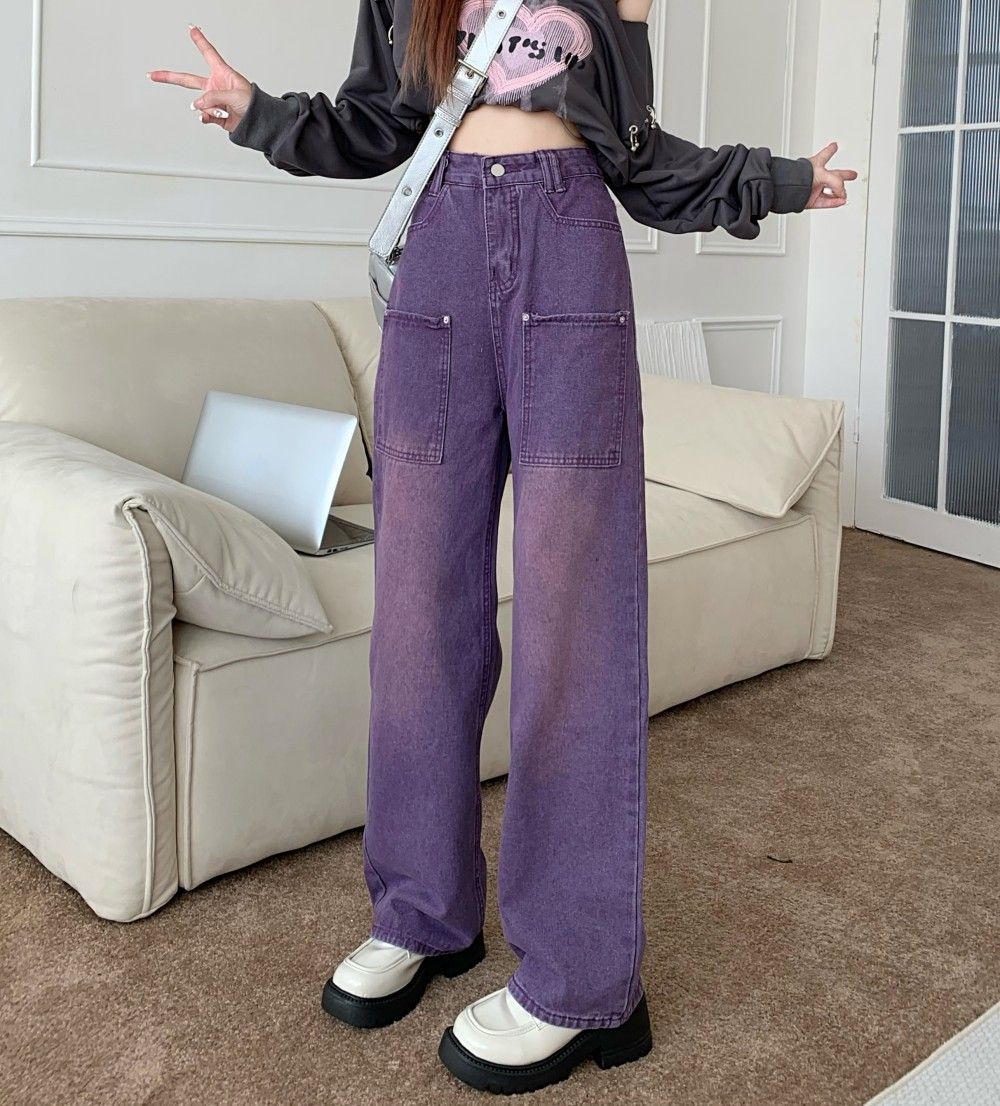 Women's Clothing High Street Purple Straight Jeans Men And Women Street Fashion Hip Hop Retro Loose Wide Leg Mopping Trousers Trend_ecoleips.com