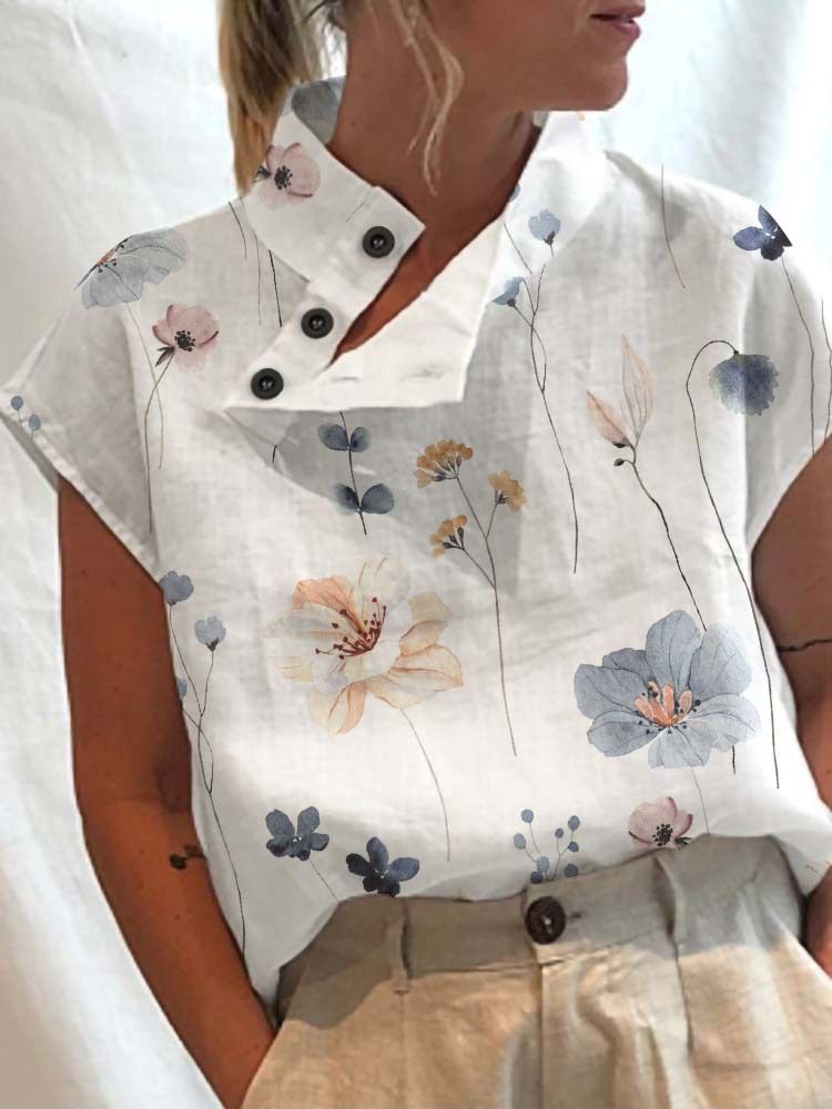 Women's Casual Stand Collar Short Sleeve Pullover T-Shirt Digital Print Top Regular Fit_ecoleips.com