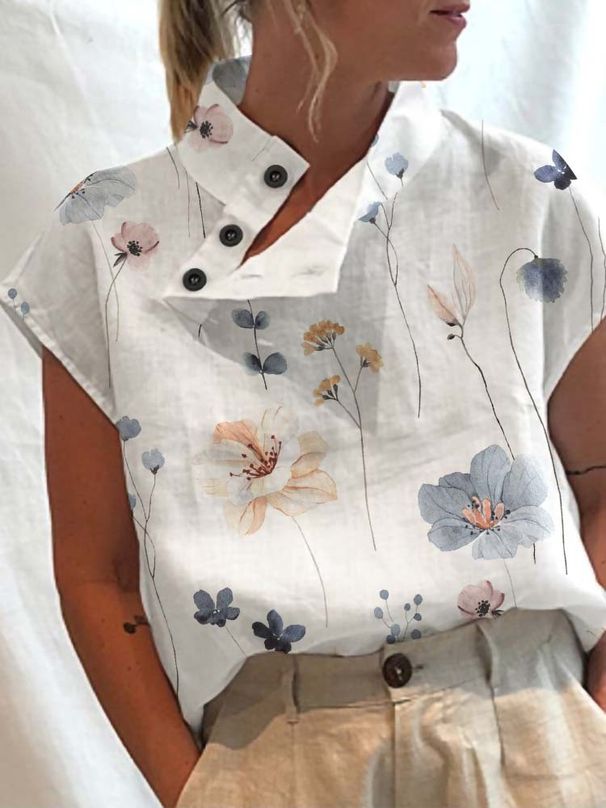 Women's Casual Stand Collar Short Sleeve Pullover T-Shirt Digital Print Top Regular Fit_ecoleips.com
