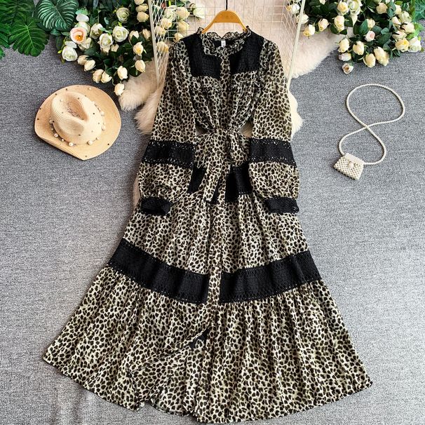 Retro High-End Lace Patchwork Leopard Print Stand Collar Dress for Women Elegant Full Skirt Belted Waist Summer Style European And American_ecoleips.com