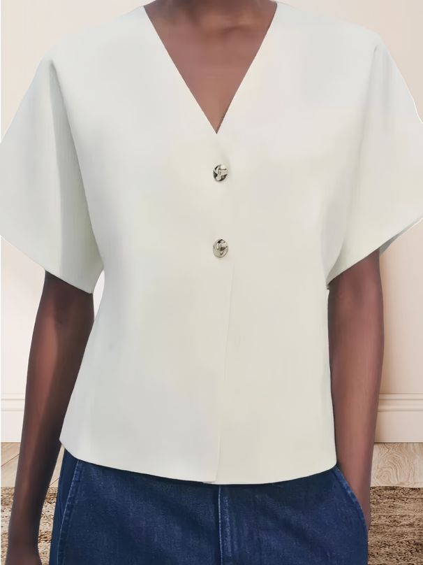 Women's Clothing Simple Solid Color V Neck Knitted Women's Autumn New Commuting Fashion Temperament Two Button Short Sleeved Top_ecoleips.com