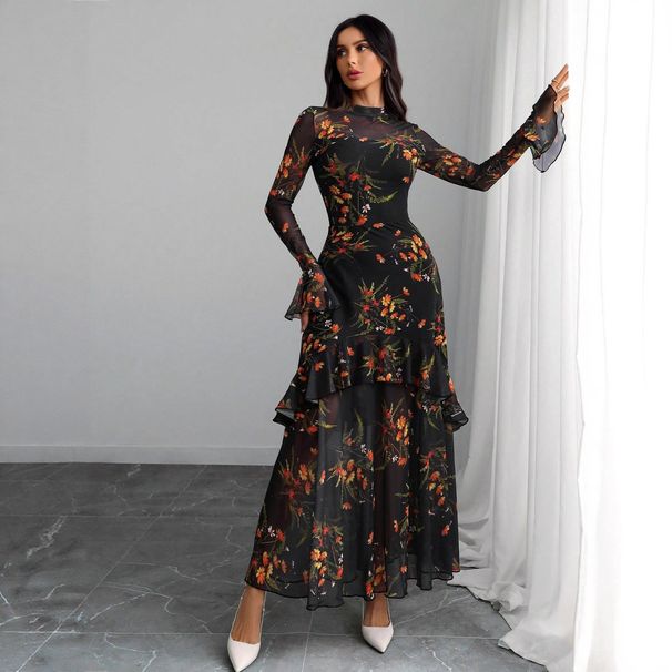 New European American Style Black Printed With Ruffle Sleeves, Plant And Floral Print, Niche For Women, Holiday Long_ecoleips.com