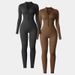 Women’s Clothing Threaded Half Zip Jumpsuit With Thumb Hole Long Sleeve Jumpsuit Hip Lifting Body Shaping Pants Small Stand Up Collar Jumpsuit_ecoleips.com