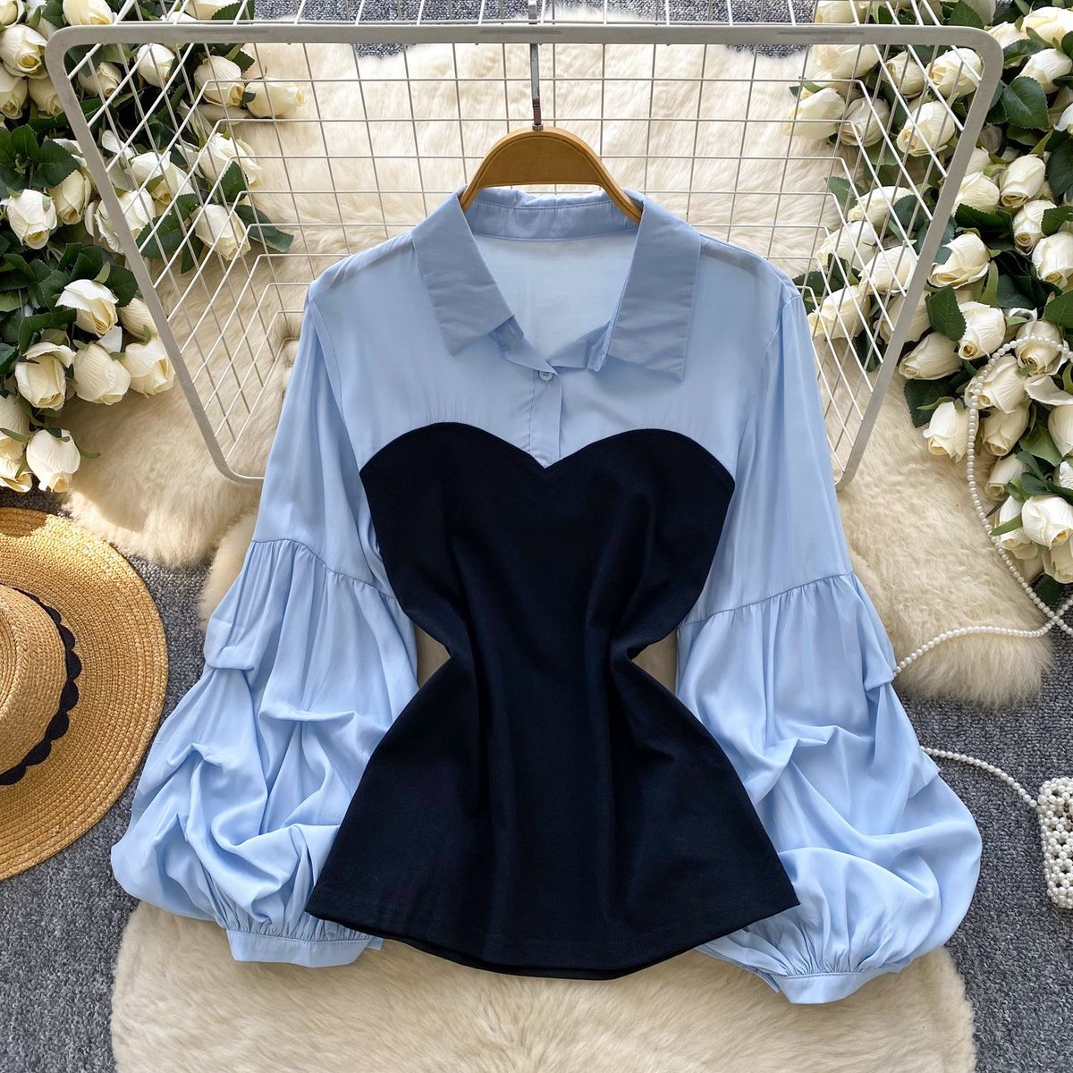 Elegant French-Inspired Layered Blouse With Ruffle Lantern Sleeves & Peplum Hem – Office & Casual Wear (White/Blue/Black/Pink)_ecoleips.com