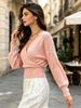 Blush Pink Deep V Wrap Pit Rib Knit Sweater, Loose Lightweight Breathable Soft Skin-touch Long Sleeve Waist Cuff Pullover_ecoleips.com