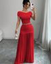 Women's Clothing 2025 Summer New Solid Color Off-Shoulder Top With Waist-Cinching Pleated Patchwork Skirt Two-Piece Set_ecoleips.com