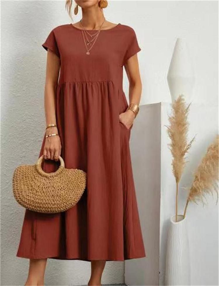 Women's Clothing Solid Color Sleeveless Loose Cotton And Linen Pocket Women's Dress_ecoleips.com