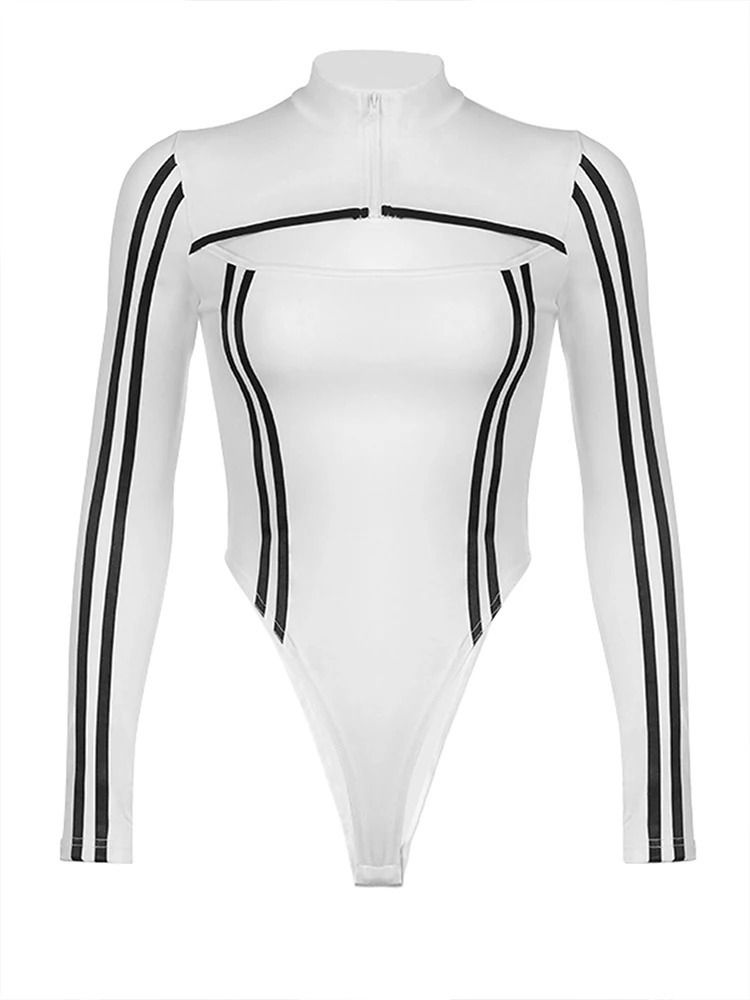 Edgy High-Neck Zip-Up Bodysuit With Cut-Out Detail & Contrast Stripes, White Long Sleeve Jumpsuit For Street Style_ecoleips.com