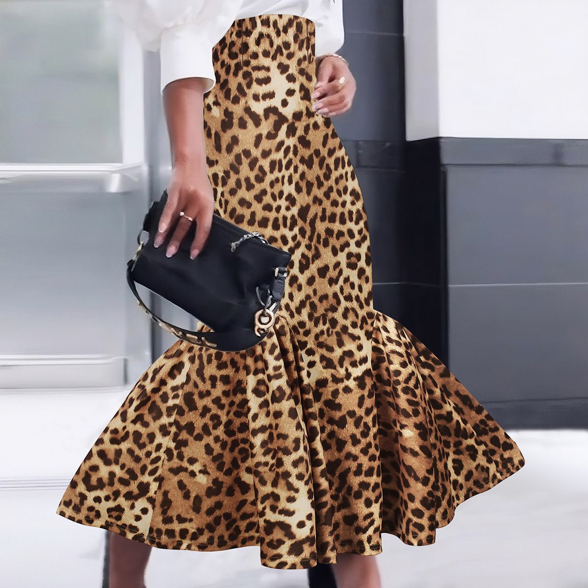 Leopard Print Fishtail Midi Skirt – Elegant Bodycon Skirt With Slimming Ruched Waist For Women (Brown, S-XXL)_ecoleips.com