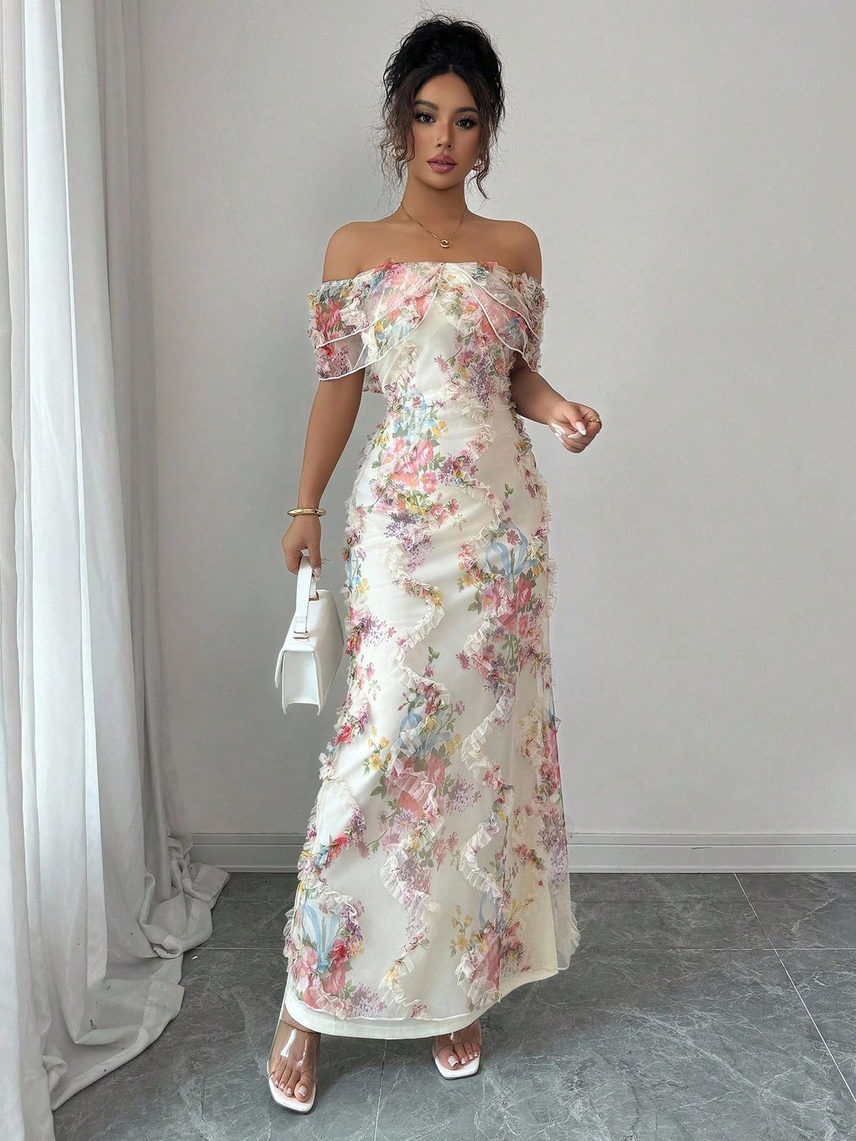 Elegant French Floral Print Off-Shoulder Long Bodycon Dress For Women Style New_ecoleips.com