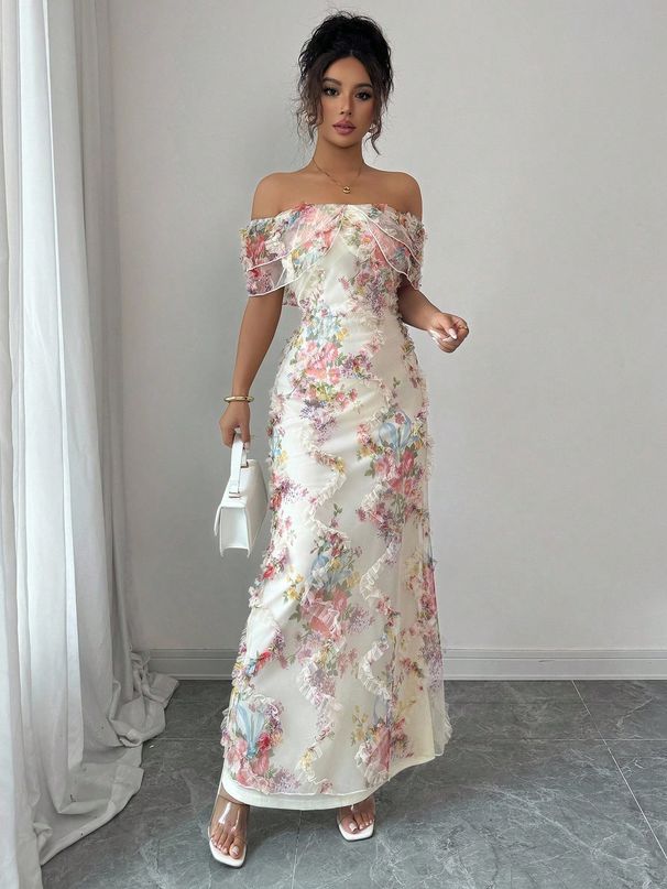Elegant French Floral Print Off-Shoulder Long Bodycon Dress For Women Style New_ecoleips.com