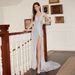 Women's Clothing New Solid Color V Neck Long Elegant Slim Slit Temperament Long Banquet Evening Dress_ecoleips.com
