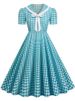 Plaid Printed Vintage Dresses Women Summer Elegant Peter Pan Collar Dot Short Sleeve Party Evening Midi Dress_ecoleips.com