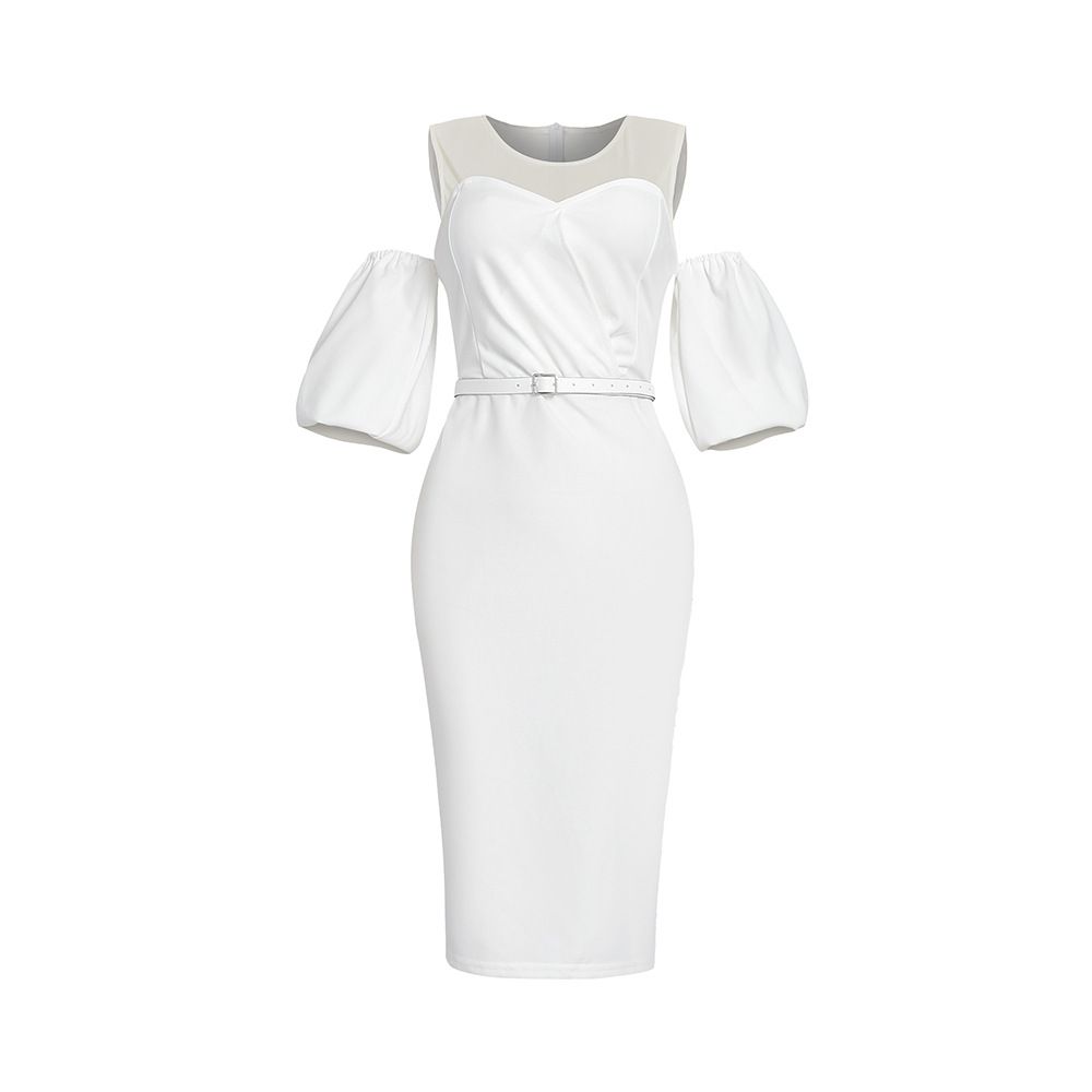 Women's Clothing Puff Sleeve Off Shoulder Sexy Slim Hip Skirt Mid Length With Belt_ecoleips.com