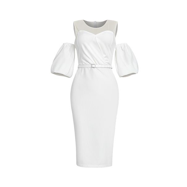 Women's Clothing Puff Sleeve Off Shoulder Sexy Slim Hip Skirt Mid Length With Belt_ecoleips.com