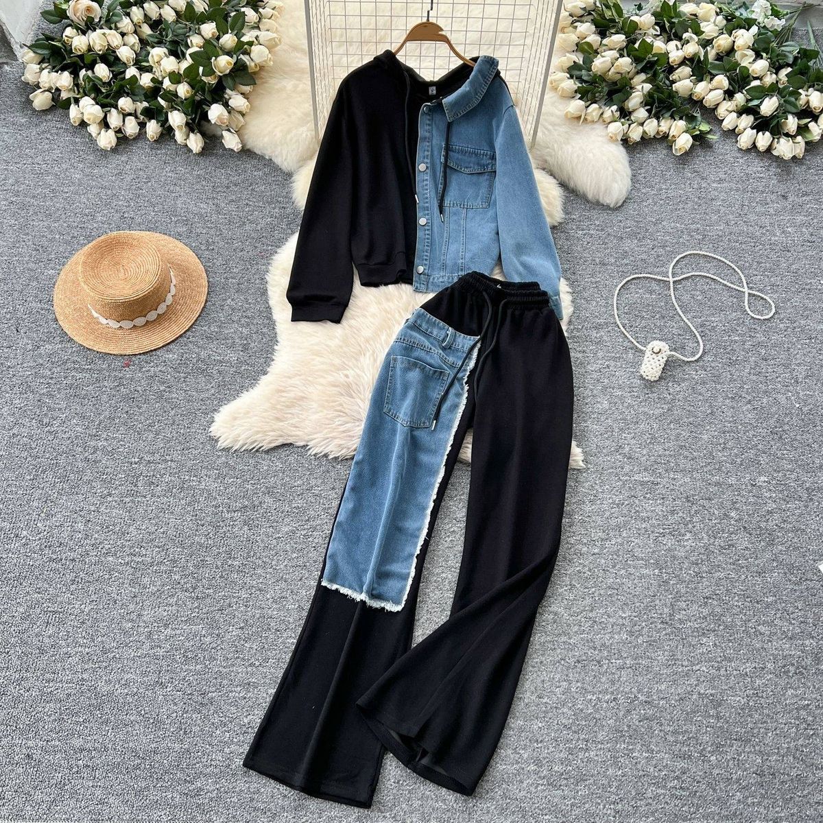 Women's Clothing Fashionable Design, Splicing Two Piece Hooded Sweatshirt, High Waist Denim Splicing Wide Leg Pants_ecoleips.com