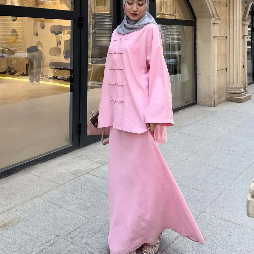 Women's Clothing Imitation Linen Two Piece Set Asymmetrical Long Shirt And Skirt High End European American Women's Muslim Fashion_ecoleips.com