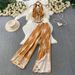 Chic Halter Neck Backless Top With High-Slit Wide-Leg Pants Set, Floral Print Two-Piece Outfit For Women, Mature Elegant Style_ecoleips.com