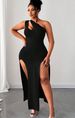 Plus Size Women Sexy Solid Color One Shoulder Hollow Out Revealing Chest High Slit Holiday Party Fashionable Dress Maxi Women Outfit_ecoleips.com