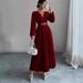 Elegant V-Neck Maxi Dress With Metallic Accents, Flowy Long Sleeve Ruffle Dress For Women, Chic A-Line Casual & Office Dress_ecoleips.com