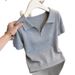 Gray Collared Knit T-Shirt Casual Zipper Design Women's Top Spring Summer Style Youthful New_ecoleips.com