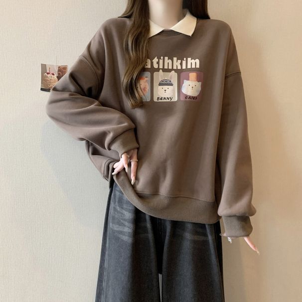 Foreign Trade Real Shot European Style Thin Polo Collar Sweatshirt Women, Loose Fit, Versatile, Korean Version, Printed_ecoleips.com
