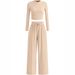 K New Two-piece Long Sleeved Crop Top, Wide Leg Pants, Solid Color Fashion Set_ecoleips.com