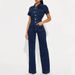 Loose Elastic Flared Washed Short Sleeved Denim Jumpsuit Jumpsuit Wide Leg Pants_ecoleips.com