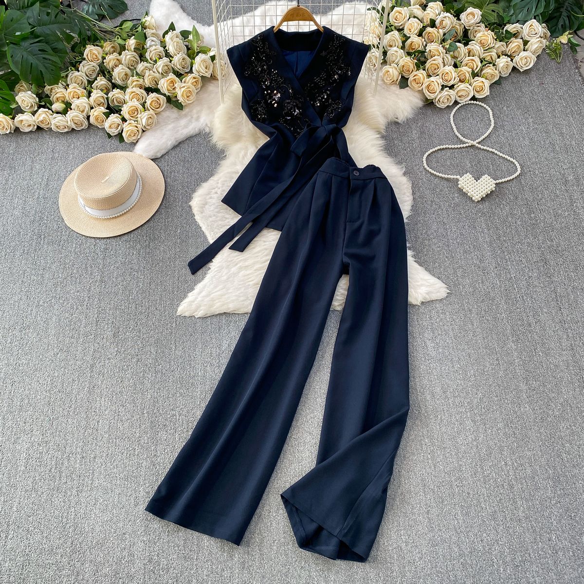 High End Fashionable V Neck Fitted Coat And High Waisted Wide Leg Suit Pants Set Embroidered Beaded Sequined Goddess like Women's Clothing_ecoleips.com