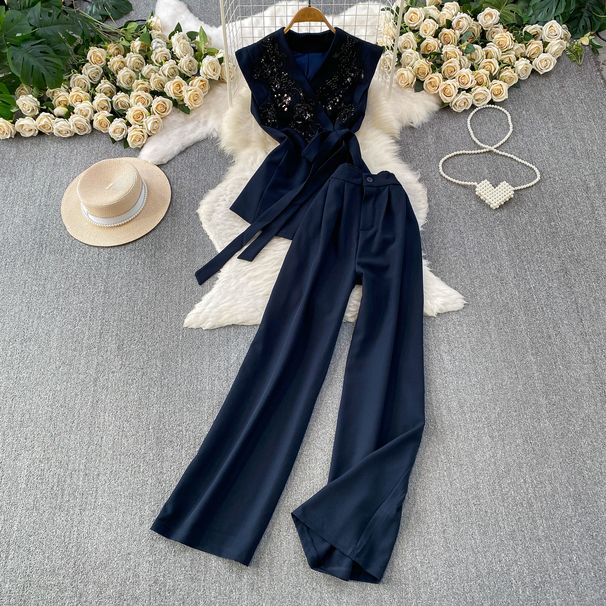 High End Fashionable V Neck Fitted Coat And High Waisted Wide Leg Suit Pants Set Embroidered Beaded Sequined Goddess like Women's Clothing_ecoleips.com